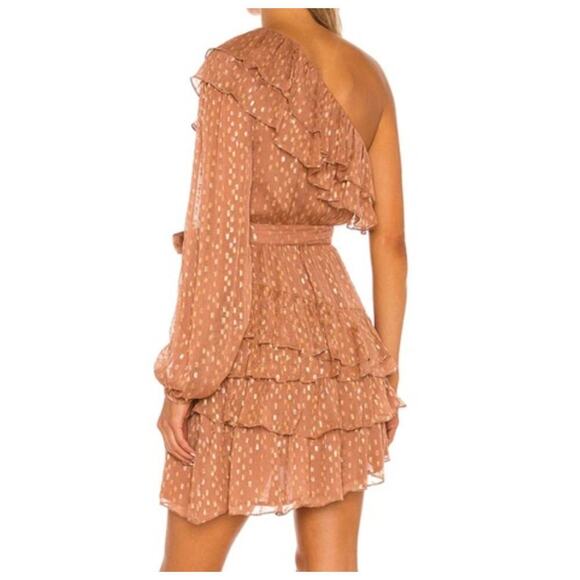 Rococo Sand Aine One Shoulder Mini Chiffon Ruffle Dress Tan Gold Small - Picture 14 of 14